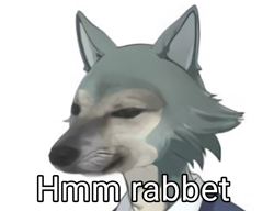 Size: 1247x957 | Tagged: safe, edit, legoshi (beastars), canine, mammal, wolf, anthro, beastars, brainrot, cheems, english text, image macro, male, meme, rabbet, simple background, solo, solo male, text, unknown artist, white background