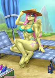 Size: 1447x2047 | Tagged: suggestive, artist:mik3thestrange, fluttershy (mlp), equine, fictional species, mammal, pegasus, pony, anthro, unguligrade anthro, friendship is magic, hasbro, my little pony, abs, anthrofied, beach, beach chair, bikini, breasts, clothes, feathered wings, feathers, female, hat, hooves, phone, smiling, solo, solo female, sunscreen, sweat, swimsuit, tail, teal eyes, unshorn fetlocks, wings