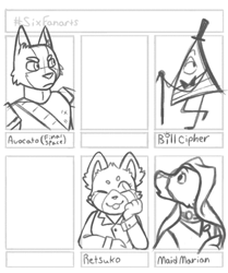 Size: 1005x1200 | Tagged: species needed, safe, artist:rholfs_wolfs, avocato (final space), bill cipher (gravity falls), maid marian (robin hood), retsuko (aggretsuko), animate object, canine, demon, fictional species, fox, mammal, red fox, red panda, ambiguous form, anthro, six fanarts, aggretsuko, disney, final space, gravity falls, robin hood (disney), sanrio, 2020, :p, beanbrows, bow tie, cane, clothes, crossover, ear fluff, female, fluff, group, line art, looking up, male, monochrome, one eye closed, simple background, sketch, top hat, vixen, white background, winking, work in progress