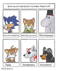 Size: 720x900 | Tagged: safe, artist:artsyjempla, amaterasu (okami), miles "tails" prower (sonic), muumipapan (moomins), rölli (rölli), sonic the hedgehog (sonic), canine, cat, feline, fictional species, fox, hedgehog, hellhound, houndoom, mammal, moomin, red fox, troll, wolf, anthro, six fanarts, capcom, moomins (series), nintendo, okami, pokémon, rölli (series), sega, sonic the hedgehog (series), 2020, ambiguous gender, catified, clothes, crossover, female, gloves, group, male, multiple tails, quills, top hat, two tails