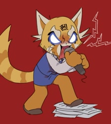 Size: 923x1031 | Tagged: safe, artist:ssio_5510, retsuko (aggretsuko), mammal, red panda, anthro, aggretsuko, 2020, angry, clothes, female, microphone, open mouth, red background, retsuko, ringtail, simple background, singing, solo, solo female, tail, white eyes