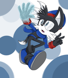 Size: 700x800 | Tagged: safe, artist:theredtail, oc, oc only, oc:ronjir the husky (lightningbolt), canine, dog, husky, mammal, anthro, sega, sonic the hedgehog (series), 2010, abstract background, black body, black fur, black tail, blue eyes, cheek fluff, clothes, commission, digital art, fluff, fluffy, fluffy tail, fur, gloves, hat, head fluff, head tuft, ice, leggings, legwear, male, open mouth, scarf, shirt, shoes, solo, solo male, tail, tights, topwear