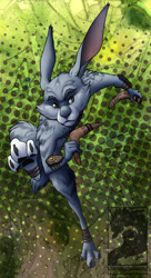 Size: 658x1214 | Tagged: safe, artist:japandragon, e. aster bunnymund (rise of the guardians), lagomorph, mammal, rabbit, anthro, digitigrade anthro, dreamworks animation, rise of the guardians, 2012, abstract background, boomerang, bunnymund (rise of the guardians), cheek fluff, easter bunny, fluff, fur, green eyes, hand hold, holding, long ears, male, paw pads, paws, raised leg, signature, solo, solo male, tail, underpaw, watermark