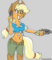 Size: 1280x1485 | Tagged: safe, artist:furncoart, applejack (mlp), earth pony, equine, fictional species, mammal, pony, anthro, friendship is magic, hasbro, my little pony, 2017, anthrofied, belly button, boots, breasts, cleavage, clothes, cowboy boots, cowboy hat, eye clipping through hair, eye through hair, female, front knot midriff, gray background, grin, gun, handgun, hat, midriff, navel, no trigger discipline, revolver, shoes, simple background, smiling, solo, solo female, tail, topwear, weapon