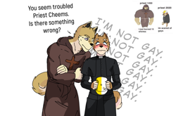 Size: 1080x714 | Tagged: safe, artist:reiker, canine, dog, mammal, shiba inu, anthro, 2020, blushing, cap, cheems, christianity, clerical collar, clothes, cross, dialogue, doge, duo, gatekeeping yaoi, hand hold, hat, holding, looking at each other, male, male x male, male/male, meme, monk, orientation play, priest, size difference, sweat, tail, talking