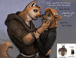 Size: 1920x1463 | Tagged: safe, artist:greaterbird, artist:obrien, canine, dog, mammal, shiba inu, anthro, anthro/anthro, cap, cheems, christianity, clerical collar, clothes, dialogue, doge, duo, hand on face, hat, male, male x male, male/male, meme, monk, orientation play, priest, robe, sharp teeth, shipping, sweat, tail, talking, teeth, tongue, tongue out