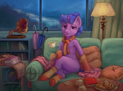 Size: 5149x3802 | Tagged: safe, artist:stratodraw, twilight sparkle (mlp), equine, fictional species, mammal, pony, unicorn, feral, friendship is magic, hasbro, my little pony, absurd resolution, blanket, book, bookshelf, clothes, cottagecore, couch, drink, female, footwear, gramophone, horn, hot chocolate, indoors, lamp, looking at you, pillow, purple eyes, saddle bag, scarf, sitting, socks, solo, solo female, table, tail, umbrella, window