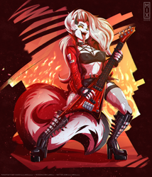 Size: 900x1050 | Tagged: safe, artist:galacticmichi, loona (vivzmind), canine, fictional species, hellhound, mammal, anthro, hazbin hotel, helluva boss, 2020, abstract background, belt, boots, breasts, cleavage, clothes, collar, colored sclera, crop top, electric guitar, female, fishnet, fishnet stockings, fluff, fluffy, fluffy tail, gray eyes, guitar, holding object, jacket, legwear, long tail, looking at you, musical instrument, nipple bulge, open jacket, piercing, red sclera, see-through, shoes, solo, solo female, spiked collar, stockings, tail, three-quarter view, tongue, tongue out, tongue piercing, topwear, yellow eyes