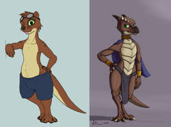 Size: 1640x1220 | Tagged: safe, artist:doesnotexist, furbooru exclusive, oc, oc only, oc:bryce daeless, oc:bryce daeless (kobold), oc:bryce daeless (otter), eurasian river otter, fictional species, kobold, mammal, mustelid, otter, reptile, anthro, digitigrade anthro, 2020, bottomwear, bracelet, cape, clothes, collar, goggles, hand on hip, jewelry, leaning, loincloth, looking at you, male, one eye closed, scales, shorts, solo, solo male, tail, tongue, tongue out, whiskers, winking, winking at you