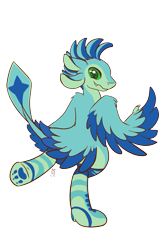 Size: 3488x5400 | Tagged: safe, artist:raspberryusagi, oc, oc only, oc:luvashi, avali, fictional species, semi-anthro, 2019, absurd resolution, blue feathers, claws, clothes, feathered wings, feathers, female, four ears, green eyes, green feathers, legwear, looking at you, rear view, sharp teeth, socks, solo, solo female, striped clothes, striped legwear, tail, teeth, thigh highs, three-quarter view, wings