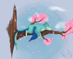 Size: 2250x1800 | Tagged: safe, artist:wickdoesart, oc, oc only, oc:luvashi, avali, fictional species, semi-anthro, 2019, blossom, blue feathers, branch, cherry blossoms, claws, colored tongue, feathers, female, flower, four ears, green eyes, green feathers, high res, lying down, prone, purple tongue, sharp teeth, side view, signature, solo, solo female, tail, teeth, tongue, tree, tree branch