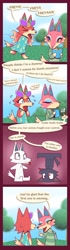 Size: 950x3387 | Tagged: safe, artist:r-mk, audie (animal crossing), freya (animal crossing), canine, mammal, wolf, anthro, animal crossing, animal crossing: new horizons, nintendo, 2020, barefoot, blep, blue eyes, blurred background, book, chibi, comic, duo, duo female, english text, eyes closed, eyeshadow, female, fur, glasses, glasses on head, group, makeup, no pupils, open mouth, outdoors, pink body, pink fur, red body, red fur, speech bubble, talking, teal eyes, text, tongue, tongue out, upside down, yellow sclera