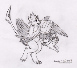 Size: 1137x1014 | Tagged: safe, artist:froste, oc, oc:luvashi, avali, eeveelution, fictional species, glaceon, mammal, semi-anthro, nintendo, pokémon, 2019, claws, duo, feathers, female, four ears, monochrome, open mouth, sharp teeth, tail, teeth