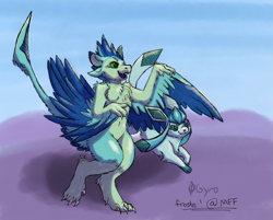 Size: 2389x1921 | Tagged: safe, artist:froste, artist:gyrotech, edit, oc, oc:luvashi, avali, eeveelution, fictional species, glaceon, mammal, semi-anthro, nintendo, pokémon, 2019, blue feathers, claws, color edit, colored tongue, duo, feathers, female, four ears, green eyes, green feathers, high res, open mouth, purple tongue, sharp teeth, tail, teeth, tongue