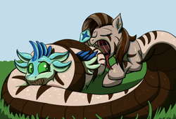 Size: 1750x1190 | Tagged: suggestive, artist:gyrotech, artist:swiftsketch, edit, oc, oc:luvashi, oc:xolani, avali, equine, fictional species, hybrid, mammal, reptile, snake, zebra, feral, lamia, semi-anthro, friendship is magic, hasbro, my little pony, blue feathers, claws, color edit, duo, eyes closed, feathers, female, four ears, green eyes, green feathers, open mouth, saliva, sharp teeth, tail, teeth, vore, zebra snake