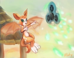 Size: 3045x2357 | Tagged: safe, artist:aponty, fidget (dust: an elysian tail), fictional species, nimbat, anthro, dust: an elysian tail, 2018, female, fidget spinner, high res, solo, solo female, tail