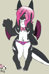 Size: 1432x2144 | Tagged: safe, artist:cadey, artist:kawaii-princess-paws, oc, oc only, oc:cadey, cetacean, dragon, fictional species, hybrid, mammal, orca, anthro, digitigrade anthro, 2020, bikini, breasts, claws, clothes, color palette, colour palette, eyebrow through hair, eyebrows, female, front view, hair, simple background, solo, solo female, tail, tattoo, underboob, underwear