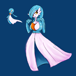 Size: 2833x2833 | Tagged: source needed, useless source url, safe, artist:hippik, fictional species, gardevoir, anthro, nintendo, pokémon, amber eyes, blue background, breasts, cleavage, clothes, eyelashes, female, hands, high res, looking sideways, simple background, solo, solo female, yellow eyes
