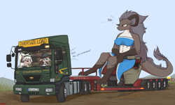 Size: 4489x2708 | Tagged: safe, artist:merqrous, dragon, fictional species, anthro, 2018, breasts, daewoo, dialogue, female, group, high res, horns, macro, number plate, outdoors, semi truck, sitting, size difference, tail, talking, trio, trio female, truck, vehicle