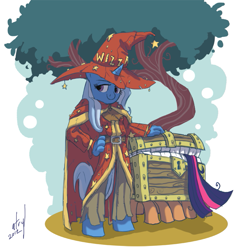 Size: 847x850 | Tagged: safe, artist:atryl, rincewind (discworld), the luggage (discworld), trixie (mlp), twilight sparkle (mlp), animate object, equine, fictional species, mammal, pony, unicorn, anthro, unguligrade anthro, discworld, friendship is magic, hasbro, my little pony, 2012, anthrofied, belt, clothes, crossover, duo, endosoma, female, hat, hooves, horn, lidded eyes, smiling, tail sticking out, tree, vore, wizard, wizard hat
