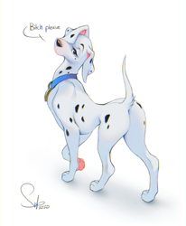 Size: 724x879 | Tagged: safe, artist:cashewshibainu, perdita (101 dalmatians), canine, dalmatian, dog, mammal, feral, 101 dalmatians, disney, 2020, ambiguous gender, butt, collar, floppy ears, looking at you, looking back, looking back at you, paw pads, paws, pet tag, raised leg, raised tail, signature, simple background, solo, solo ambiguous, speech bubble, swearing, tail, talking, vulgar, walking, white background