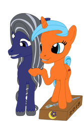 Size: 1280x1920 | Tagged: safe, alternate version, artist:moon flower, oc, oc only, oc:misty cloud, oc:moon flower, earth pony, equine, fictional species, mammal, pony, unicorn, feral, friendship is magic, hasbro, my little pony, 2018, alpha channel, ambiguous gender, blue eyes, blue fur, blue hair, box, colored, cutie mark, derpibooru community collaboration, derpibooru community collaboration 2019, derpibooru logo, digital art, duo, encouraging, female, fur, gradient eyes, gray hair, gritted teeth, hair, hair grab, holding, hooves, horn, long hair, looking at someone, looking away, looking down, mane, mare, nervous, open mouth, orange coat, raised leg, shy, simple background, smiling, standing, star (facial marking), tail, transparent background, vector, wiping