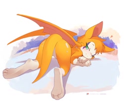 Size: 1470x1200 | Tagged: safe, alternate version, artist:ancesra, fidget (dust: an elysian tail), fictional species, nimbat, anthro, dust: an elysian tail, 2020, bedroom eyes, blushing, border, butt, face down ass up, female, heart, looking at you, looking back, looking back at you, paws, rear view, solo, solo female, strategically covered, tail, tail censor, white border, wings
