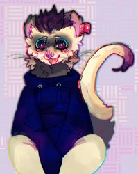 Size: 374x469 | Tagged: source needed, useless source url, safe, artist:ninpisn, oc, oc only, oc:dal desantis, ferret, mammal, mustelid, anthro, abstract background, fluff, low res, male, neck fluff, solo, solo male, tail
