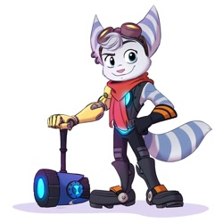 Size: 1000x1000 | Tagged: safe, artist:ashmichellesims, rivet (r&c), fictional species, lombax, mammal, anthro, plantigrade anthro, ratchet & clank, 1:1, blue eyes, boots, clothes, female, gloves, goggles, hammer, looking at you, mace, mechanical arm, prosthetic arm, prosthetics, ringtail, scarf, shoes, solo, solo female, tail, weapon