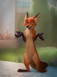 Size: 2048x2732 | Tagged: safe, artist:zaush, nick wilde (zootopia), canine, fox, mammal, red fox, anthro, plantigrade anthro, disney, zootopia, 2016, barbie doll anatomy, bush, digital art, digital painting, featureless crotch, flower, fluff, front view, fur, green eyes, high res, male, neck fluff, nick wilde, nudity, open mouth, outdoors, paw pads, paws, shrug, signature, solo, solo male, standing, tail, tree