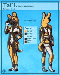 Size: 2964x3744 | Tagged: safe, artist:zita, oc, oc only, oc:tai'i, african wild dog, canine, mammal, anthro, digitigrade anthro, 2019, brown eyes, butt, claws, color palette, colour palette, ear fluff, featureless crotch, fluff, front view, fur, high res, male, mottled fur, multicolored fur, neck fluff, nudity, paw pads, paws, pubic fluff, rear view, reference sheet, solo, solo male, standing, tail, watermark