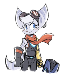 Size: 636x757 | Tagged: safe, artist:yeahbeezii, rivet (r&c), fictional species, lombax, anthro, ratchet & clank, blue eyes, blushing, clothes, colored pupils, ear piercing, earring, eyelashes, female, gloves, goggles, hair, hammer, mechanical arm, piercing, prosthetic arm, prosthetics, ringtail, scarf, simple background, solo, solo female, tail, white background