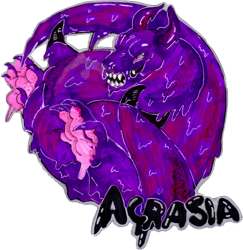 Size: 2193x2255 | Tagged: safe, artist:sinvomits, oc, oc only, oc:acrasia, dragon, fictional species, feral, badge, claws, female, goo, goo dragon, gray eyes, high res, hole in wings, paw pads, paws, purple body, sharp teeth, slime, soles, solo, solo female, teeth, webbed wings, wings