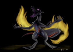 Size: 4133x2952 | Tagged: safe, artist:doesnotexist, oc, oc only, oc:saul ashle, fictional species, lizard, reptile, salazzle, semi-anthro, nintendo, pokémon, fire, gray scales, high res, male, open mouth, orange scales, pink eyes, saliva, scales, solo, solo male, tail
