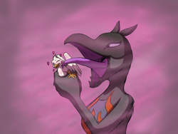 Size: 1600x1200 | Tagged: safe, artist:gyrotech, artist:silent_e, edit, oc, oc:der, oc:saul ashle, bird, feline, fictional species, gryphon, lizard, mammal, reptile, salazzle, semi-anthro, nintendo, pokémon, color edit, duo, gray scales, heart, licking, love heart, male, micro, open mouth, orange scales, pheremones, pink eyes, scales, size difference, tail, tongue, tongue out