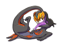Size: 1493x1047 | Tagged: suggestive, artist:silent_e, oc, oc:saul ashle, buizel, fictional species, lizard, mammal, mustelid, otter, reptile, salazzle, feral, semi-anthro, nintendo, pokémon, duo, fur, gray scales, imminent vore, male, open mouth, orange fur, orange scales, pink eyes, saliva, scales, tail