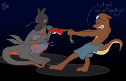 Size: 3304x2128 | Tagged: suggestive, artist:magicalfurry, oc, oc:bryce daeless, oc:bryce daeless (otter), oc:saul ashle, eurasian river otter, fictional species, lizard, mammal, mustelid, otter, reptile, salazzle, squirtle, semi-anthro, nintendo, pokémon, big stomach, ears, gray scales, group, high res, impossible fit, male, oral vore, orange scales, pink eyes, poké ball, scales, starter pokémon, stomach bulge, swim trunks, tail, throat bulge, trio, vore