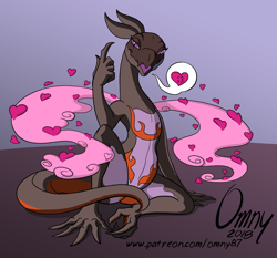 Size: 1000x933 | Tagged: safe, artist:gyrotech, artist:omny87, edit, oc, oc only, oc:saul ashle, fictional species, lizard, reptile, salazzle, semi-anthro, nintendo, pokémon, color edit, gray scales, heart, love heart, male, orange scales, pheremones, pink eyes, scales, solo, solo male, tail