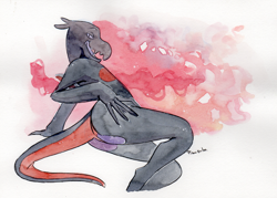 Size: 2000x1428 | Tagged: suggestive, artist:negger, oc, oc only, oc:saul ashle, fictional species, lizard, reptile, salazzle, anthro, nintendo, pokémon, gray scales, male, orange scales, pheremones, pink eyes, scales, solo, solo male, tail