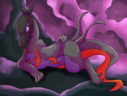 Size: 1024x768 | Tagged: safe, artist:darkecho17, oc, oc only, oc:saul ashle, fictional species, lizard, reptile, salazzle, semi-anthro, nintendo, pokémon, gray scales, male, orange scales, pheremones, pink eyes, scales, solo, solo male, tail