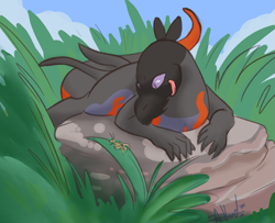 Size: 1883x1531 | Tagged: safe, artist:scruffasus, oc, oc:saul ashle, arthropod, fictional species, grasshopper, insect, lizard, reptile, salazzle, semi-anthro, nintendo, pokémon, duo, grass, gray scales, licking lips, male, orange scales, pink eyes, scales, solo focus, sunning, tail, tongue, tongue out