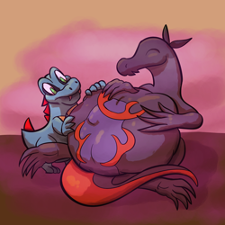 Size: 1600x1600 | Tagged: suggestive, artist:gyrotech, artist:swiftsketch, edit, oc, oc:saul ashle, oc:toto (averagefish), fictional species, lizard, reptile, salazzle, semi-anthro, nintendo, pokémon, blue scales, blushing, color edit, eyes closed, female, gray scales, green eyes, group, hyper, hyper belly, impossible fit, male, orange scales, pheremones, rubbing stomach, scales, sharp teeth, stomach bulge, tail, teeth, totadile, trio, vore