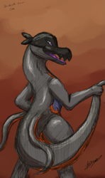 Size: 2229x3754 | Tagged: safe, artist:gyrotech, artist:xeirla, edit, oc, oc only, oc:saul ashle, fictional species, lizard, reptile, salazzle, semi-anthro, nintendo, pokémon, color edit, gray scales, high res, male, open mouth, orange scales, pink eyes, scales, solo, solo male, tail, tail grab