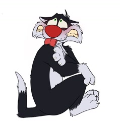 Size: 1254x1316 | Tagged: safe, artist:rottenrobbie, sylvester (looney tunes), cat, feline, mammal, anthro, looney tunes, warner brothers, black fur, blushing, claws, fangs, floppy ears, fur, gritted teeth, looking at something, male, red nose, simple background, solo, solo male, tail, tongue, tongue out, white background, white fur