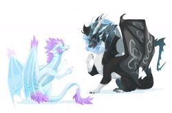 Size: 1280x845 | Tagged: safe, artist:emerarudoshika, dragon, fictional species, scaled dragon, feral, ambiguous gender, black scales, blue scales, claws, duo, duo ambiguous, horns, pink scales, tail, webbed wings, white scales, wings