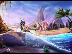 Size: 1280x968 | Tagged: safe, artist:xx-starduster-xx, dragon, fictional species, fish, furred dragon, scaled dragon, western dragon, feral, beach, duo, female, letterboxing, male, outdoors, palm tree, partially submerged, seaweed, tail, underwater, water, webbed wings, wings