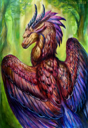 Size: 600x871 | Tagged: safe, artist:red-izak, oc, oc only, oc:mavith, dragon, feathered dragon, fictional species, feral, feathered wings, feathers, forest, horns, male, outdoors, signature, solo, solo male, traditional art, tree, wings