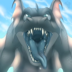 Size: 1280x1280 | Tagged: suggestive, artist:corriezodori, oc, oc only, oc:ropistike, dragon, fictional species, ambiguous form, feral, 1:1, ambiguous gender, blue mouth, bust, front view, gray scales, mawshot, open mouth, saliva, scales, sharp teeth, solo, solo ambiguous, teeth