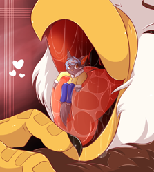 Size: 694x778 | Tagged: species needed, suggestive, artist:mincivore, bird, anthro, beak, claw, duo, duo male, heart, love heart, male, males only, mawplay, micro, open mouth, oral vore, saliva, size difference, tongue, tongue out, vore