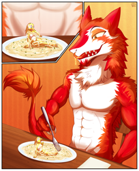 Size: 1280x1571 | Tagged: suggestive, artist:incredibleediblecalico, oc, oc:james (pahnkapie), bird, canary, fictional species, mammal, sergal, songbird, anthro, comic:allia al dente, color porn, comic, duo, female, food, fork, fur, green eyes, imminent vore, licking lips, male, micro, noodles, red fur, tail, tongue, tongue out, white fur